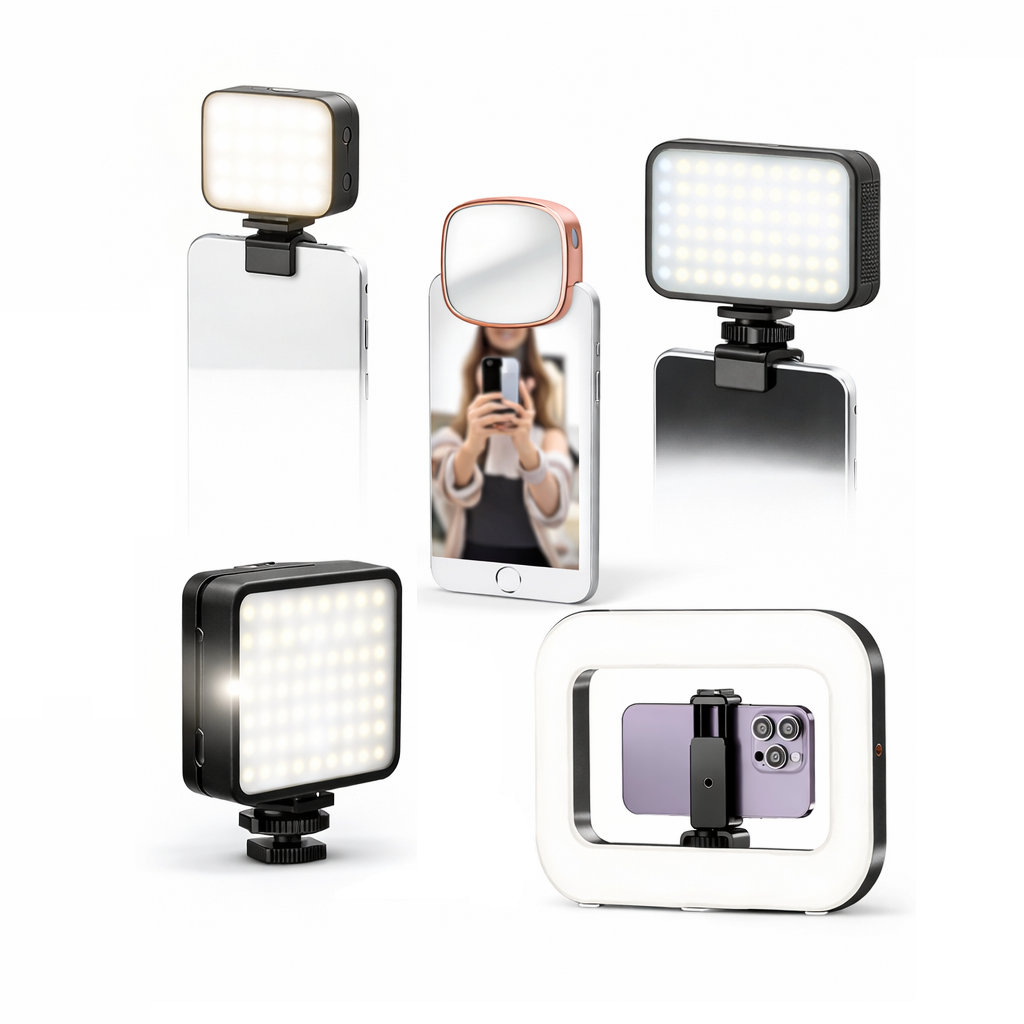Collection d’éclairages LED pour smartphone et appareil photo avec anneau rectangulaire, lampes selfie et panneau LED