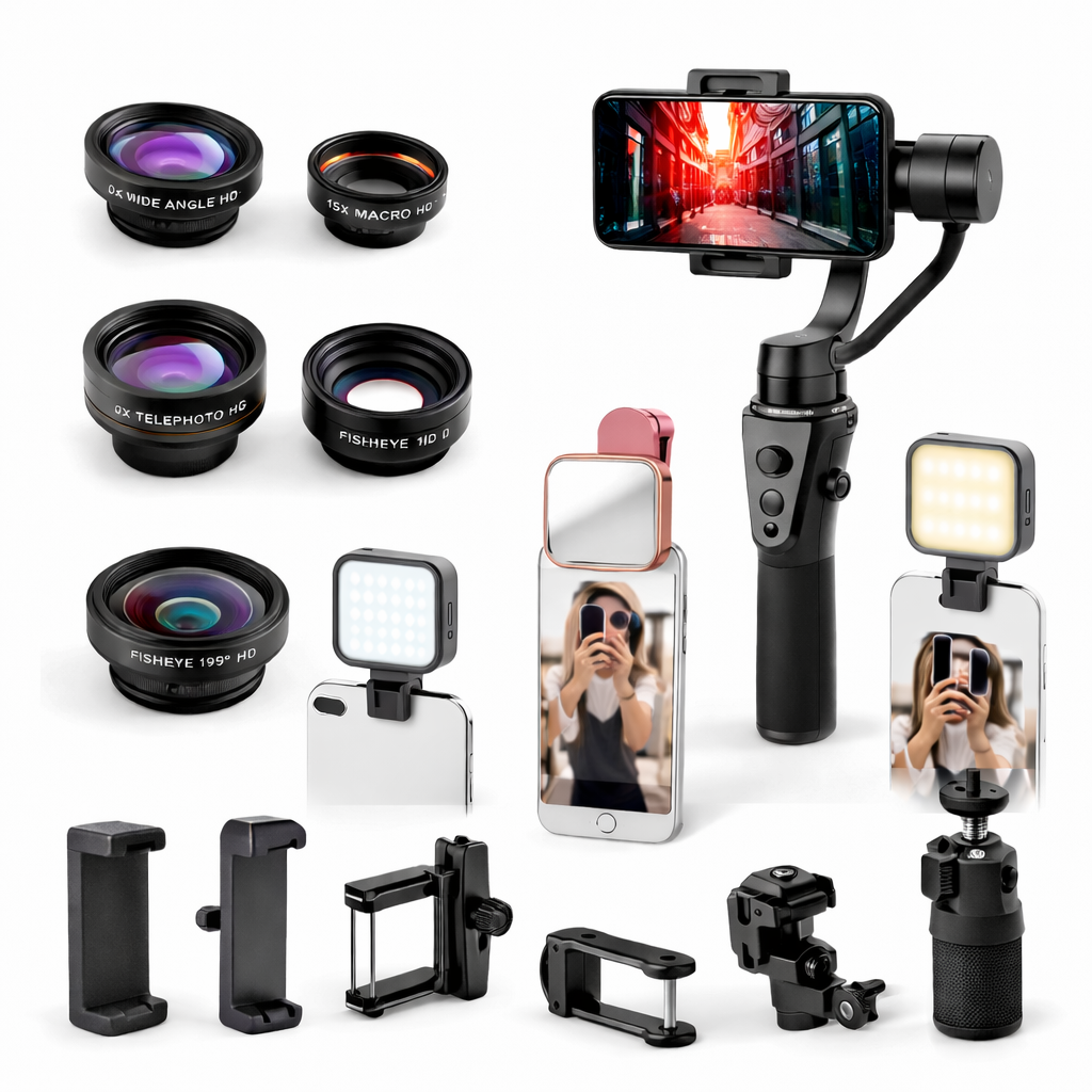 Objectifs et accessoires pour smartphone incluant lentilles, stabilisateur, lampes LED, miroirs selfie et supports