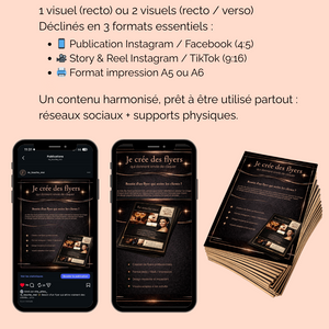 Pack complet de flyers incluant formats réseaux sociaux (Instagram, TikTok) et impression A5 ou A6, pour une communication cohérente en ligne et hors ligne