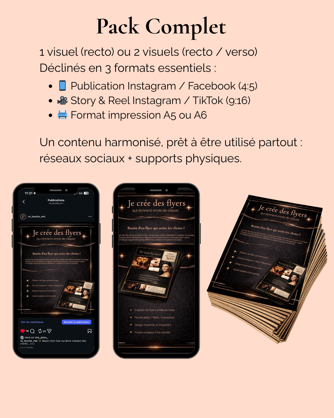 Pack complet de flyers incluant formats réseaux sociaux (Instagram, TikTok) et impression A5 ou A6, pour une communication cohérente en ligne et hors ligne