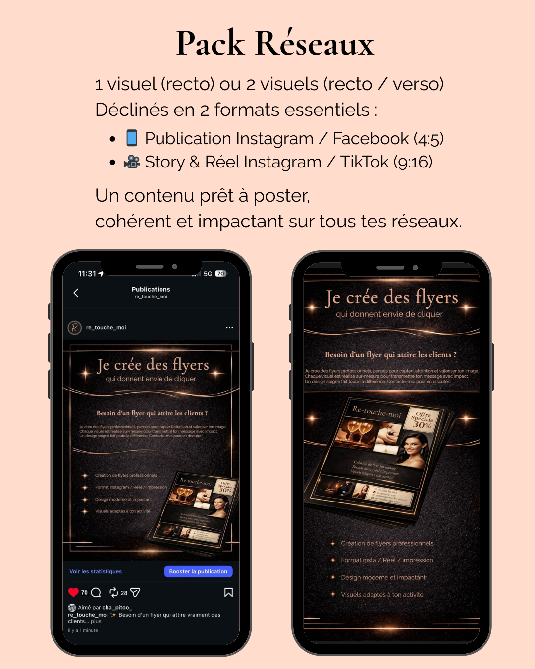 Pack visuels réseaux sociaux incluant formats Instagram publication (4:5) et Reel / Story (9:16), idéal pour une communication impactante sur mobile